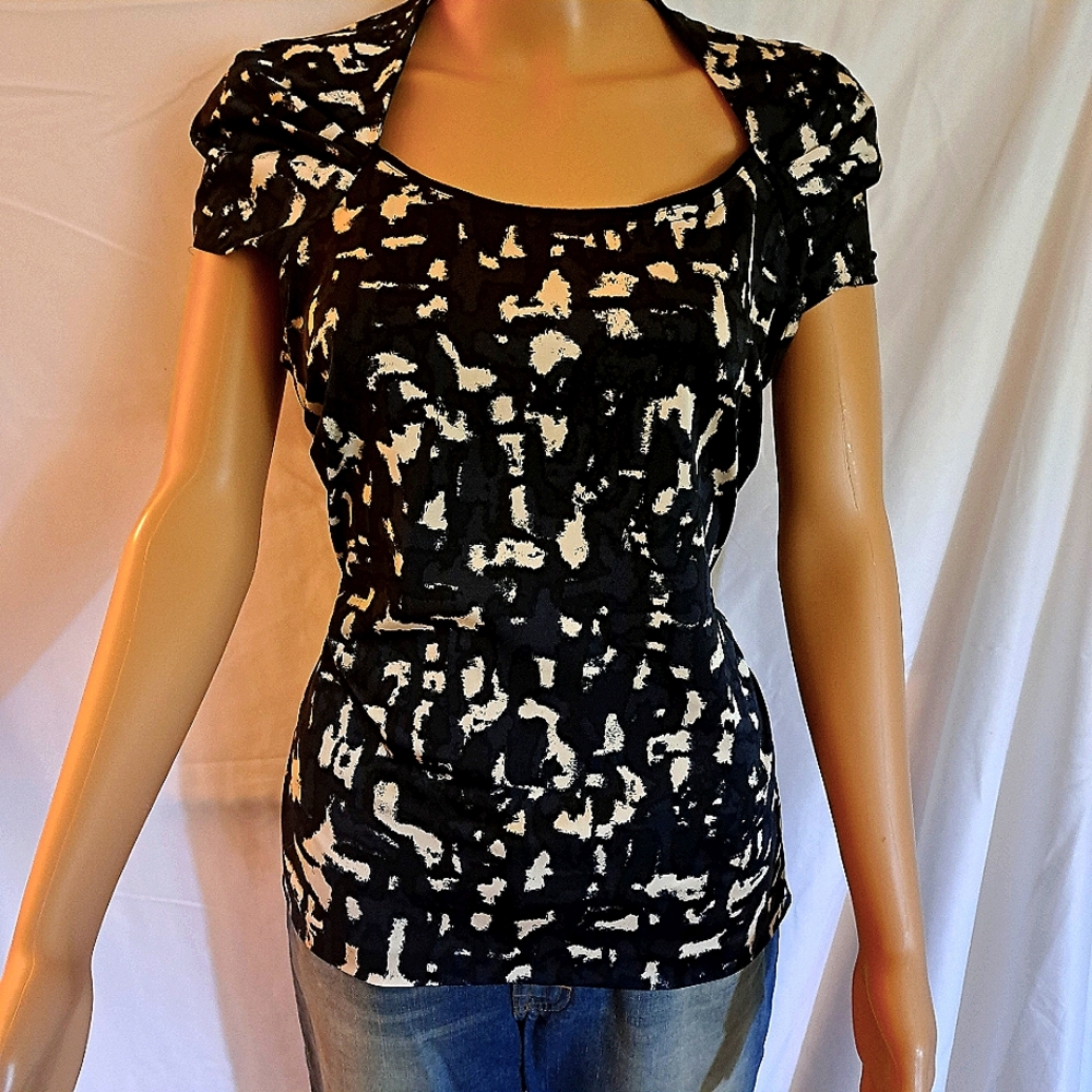 Vtg Anne Taylor 1940's Retro Vibe Geometric Print fitted Blouse size 8/ Med